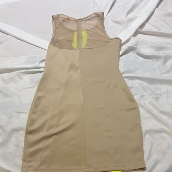 Neon Panel Bodycon Mini Dress | Tan & Lime | Sleeveless Club / Night Out Dress - Picture 10 of 10